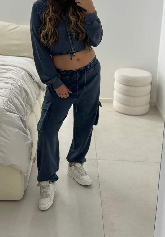 COMPLETO FAKE JEANS FELPA ZIP CROP