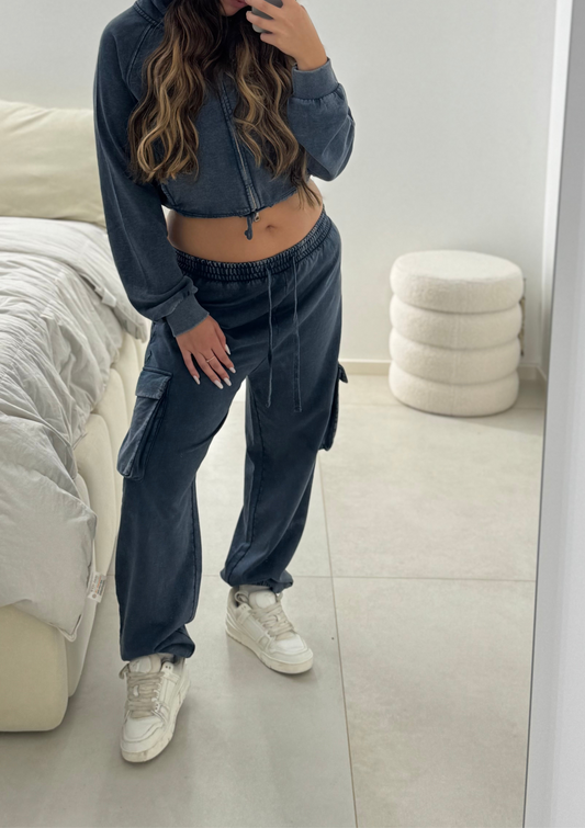 COMPLETO FAKE JEANS FELPA ZIP CROP